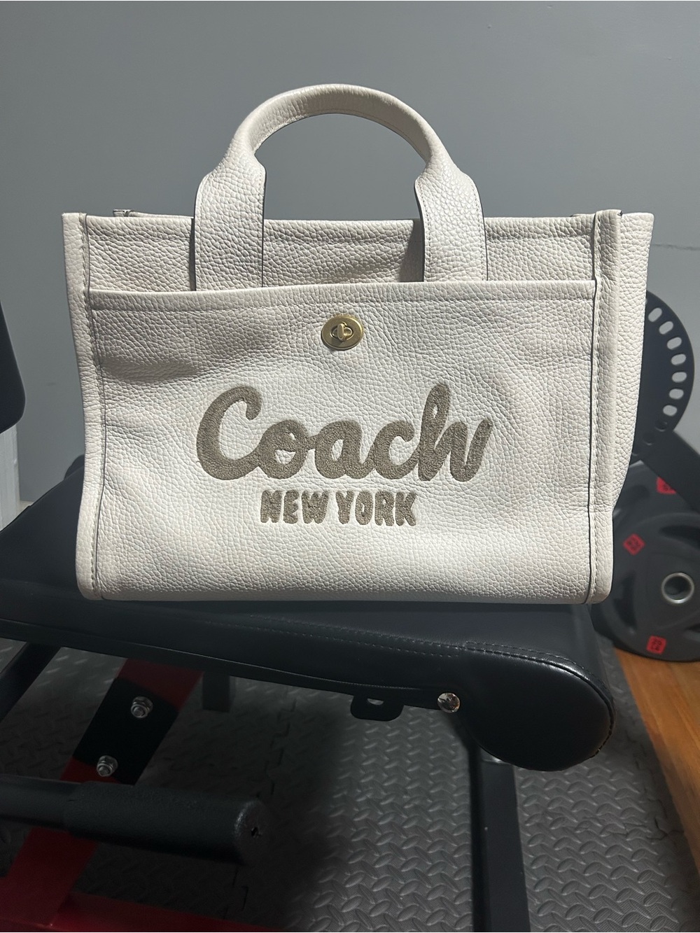 Coach Cream Pebbled Leather Top-Handle Tote with Logo